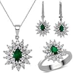 نیم ست آویز، گوشواره و انگشتر با نگین زمرد و الماس تراش برلیان مدل: hsdf1312