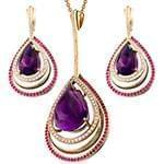 نیم ست آویز و گوشواره با نگین آمتیس، یاقوت و الماس تراش برلیان مدل: hsdf1316