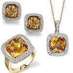 نیم ست آویز، گوشواره و انگشتر با نگین سیترین و الماس تراش برلیان مدل: hsdf1318