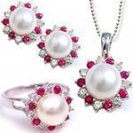 نیم ست طلا و جواهر با نگین مروارید، یاقوت قرمز و الماس تراش برلیان مدل: hsdf1321