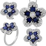 نیم ست آویز، گوشواره و انگشتر با نگین یاقوت کبود و الماس تراش برلیان مدل: hsdf1322