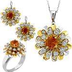 نیم ست آویز، گوشواره و انگشتر با نگین سیترین و الماس تراش برلیان مدل: hsdf1323