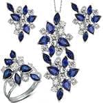 نیم ست آویز، گوشواره و انگشتر با نگین یاقوت کبود و الماس تراش برلیان مدل: hsdf1328