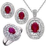 نیم ست آویز، گوشواره و انگشتر با نگین یاقوت قرمز و الماس تراش برلیان و باگت مدل: hsdf1334