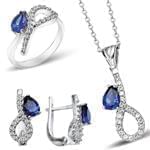 نیم ست آویز، گوشواره و انگشتر با نگین یاقوت کبود و الماس تراش برلیان مدل: hsdf1336