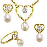 نیم ست آویز، گوشواره و انگشتر قلب با نگین مروارید و الماس تراش برلیان مدل: hsdf1338