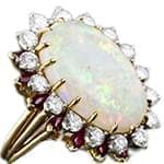 انگشتر زنانه طلا و جواهر با نگین اپال، یاقوت قرمز و الماس تراش برلیان: مدل rgf1430