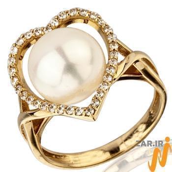 انگشتر زنانه طلا و جواهر با نگین مروارید و الماس تراش برلیان طرح قلب: مدل rgf1436
