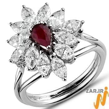 انگشتر طلا و جواهر با نگین یاقوت قرمز و الماس تراش مارکیز طرح گل: مدل rgf1450