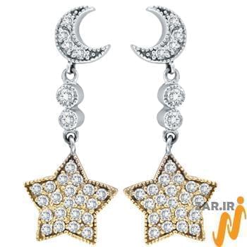 گوشواره طلا و جواهر با نگین الماس تراش برلیان طرح ماه و ستاره مدل: ebf2115