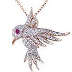 آویز جواهر با نگین یاقوت قرمز و الماس تراش برلیان طرح پرنده مدل: npdf13032