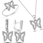 نیم ست پروانه آویز، گوشواره و انگشتر طلا با نگین الماس تراش برلیان: مدل hdset2084