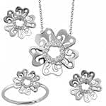 نیم ست آویز، گوشواره و انگشتر طلا با نگین الماس تراش برلیان طرح گل: مدل hdset2093