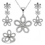 نیم ست آویز، گوشواره و انگشتر طلا با نگین الماس تراش برلیان طرح گل: مدل hdset2099