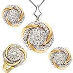 نیم ست آویز، گوشواره و انگشتر طلا با نگین الماس تراش برلیان طرح فلاور: مدل hdset2101
