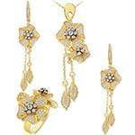 نیم ست آویز، گوشواره و انگشتر طلا با نگین الماس تراش برلیان طرح گل: مدل hdset2104