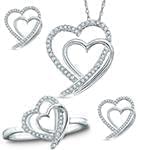 نیم ست آویز، گوشواره و انگشتر طلا با نگین الماس تراش برلیان طرح دو قلب: مدل hdset2107