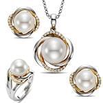 نیم ست آویز، گوشواره و انگشتر با نگین مروارید و الماس تراش برلیان طرح گل مدل: hsdf1372