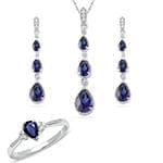 نیم ست آویز، گوشواره و انگشتر با نگین یاقوت کبود و الماس تراش برلیان مدل: hsdf1373