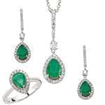 نیم ست آویز، گوشواره و انگشتر با نگین زمرد و الماس تراش برلیان مدل: hsdf1374