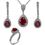 نیم ست آویز، گوشواره و انگشتر با نگین یاقوت قرمز و الماس تراش برلیان مدل: hsdf1375