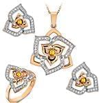 نیم ست آویز، گوشواره و انگشتر با نگین سیترین و الماس تراش برلیان طرح گل مدل: hsdf1377