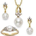 نیم ست آویز، گوشواره و انگشتر با نگین مروارید و الماس تراش برلیان مدل: hsdf1378