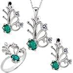 نیم ست آویز، گوشواره و انگشتر با نگین زمرد و الماس تراش برلیان مدل: hsdf1380