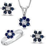 نیم ست آویز، گوشواره و انگشتر با نگین یاقوت کبود و برلیان طرح گل مدل: hsdf1384