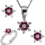 نیم ست آویز، گوشواره و انگشتر با نگین یاقوت قرمز و برلیان طرح گل مدل: hsdf1385