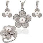 نیم ست آویز، گوشواره و انگشتر با نگین مروارید و برلیان طرح گل مدل: hsdf1388