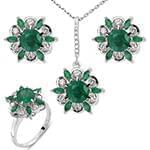 نیم ست آویز، گوشواره و انگشتر با نگین زمرد و الماس تراش برلیان مدل: hsdf1390