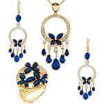 نیم ست آویز، گوشواره و انگشتر با نگین یاقوت کبود و الماس تراش برلیان مدل: hsdf1396