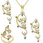 نیم ست آویز، گوشواره و انگشتر با نگین زمرد و الماس تراش برلیان طرح گل مدل: hsdf1401