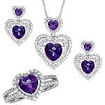 نیم ست آویز، گوشواره و انگشتر با نگین آمتیس و الماس تراش برلیان طرح قلب مدل: hsdf1402