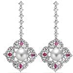 گوشواره طلا و جواهر با نگین مروارید، یاقوت قرمز، برلیان و باگت مدل: edf1375