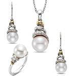 نیم ست آویز، گوشواره و انگشتر با نگین مروارید و الماس تراش برلیان  مدل: hsdf1407