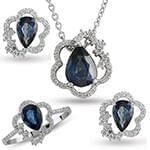 نیم ست آویز، گوشواره و انگشتر با نگین یاقوت کبود و الماس تراش برلیان مدل: hsdf1408