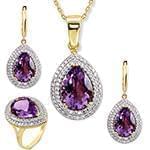 نیم ست آویز، گوشواره و انگشتر با نگین آمتیس و الماس تراش برلیان مدل: hsdf1410