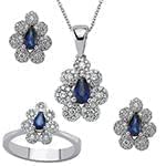 نیم ست فلاور آویز، گوشواره و انگشتر با نگین یاقوت کبود و الماس تراش برلیان مدل: hsdf1413