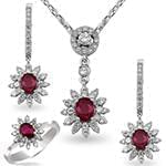 نیم ست آویز، گوشواره و انگشتر با نگین یاقوت قرمز و الماس تراش برلیان مدل: hsdf1414