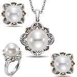 نیم ست آویز، گوشواره و انگشتر با نگین مروارید و الماس تراش برلیان مدل: hsdf1415