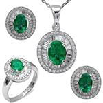 نیم ست آویز، گوشواره و انگشتر با نگین زمرد و الماس تراش برلیان و باگت مدل: hsdf1416