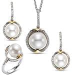 نیم ست آویز، گوشواره و انگشتر با نگین مروارید و الماس تراش برلیان مدل: hsdf1417 