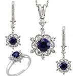 نیم ست آویز، گوشواره و انگشتر با نگین یاقوت کبود و الماس تراش برلیان مدل: hsdf1419