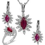 نیم ست آویز، گوشواره و انگشتر با نگین یاقوت قرمز و الماس تراش برلیان مدل: hsdf1421