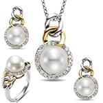 نیم ست آویز، گوشواره و انگشتر با نگین مروارید و الماس تراش برلیان مدل: hsdf1425