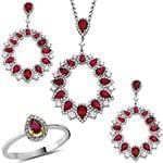 نیم ست آویز، گوشواره و انگشتر با نگین یاقوت قرمز و الماس تراش برلیان مدل: hsdf1426