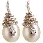 گوشواره طلا با نگین مروارید و الماس تراش برلیان و  یاقوت طرح مار مدل: edf1401