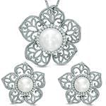 نیم ست مروارید و الماس تراش برلیان با طلای سفید طرح گل مدل: hsdf1453